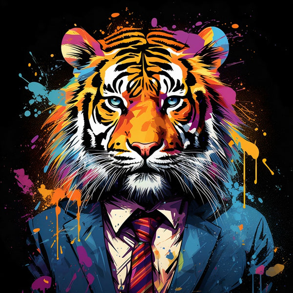 Touteladeco / Toile / Tableau / tableau tigre costume / pop art animal / décoration urbaine / art coloré / tigre élégant / street art chic / tableau tendance / déco murale originale