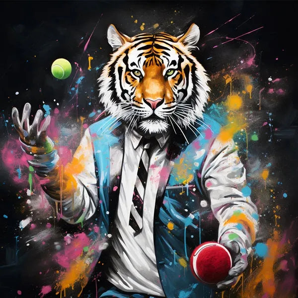 Touteladeco / Tableau Pop Art / Animaux / Décoration Murale / Décoration de maison / Moderne / Toile / Pop Art / Tigre / Felin / Costume / Jongle / Jongleur / Balle