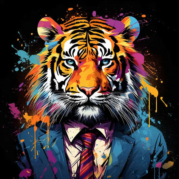 Touteladeco / Toile / Tableau / tableau tigre costume / pop art animal / décoration urbaine / art coloré / tigre élégant / street art chic / tableau tendance / déco murale originale