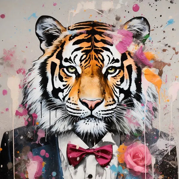 Touteladeco / Tableau Pop Art / Tigre / CIgare / Décoration Murale / Moderne / Toile / Tableau / Costume / Rose / Noeux Papillon