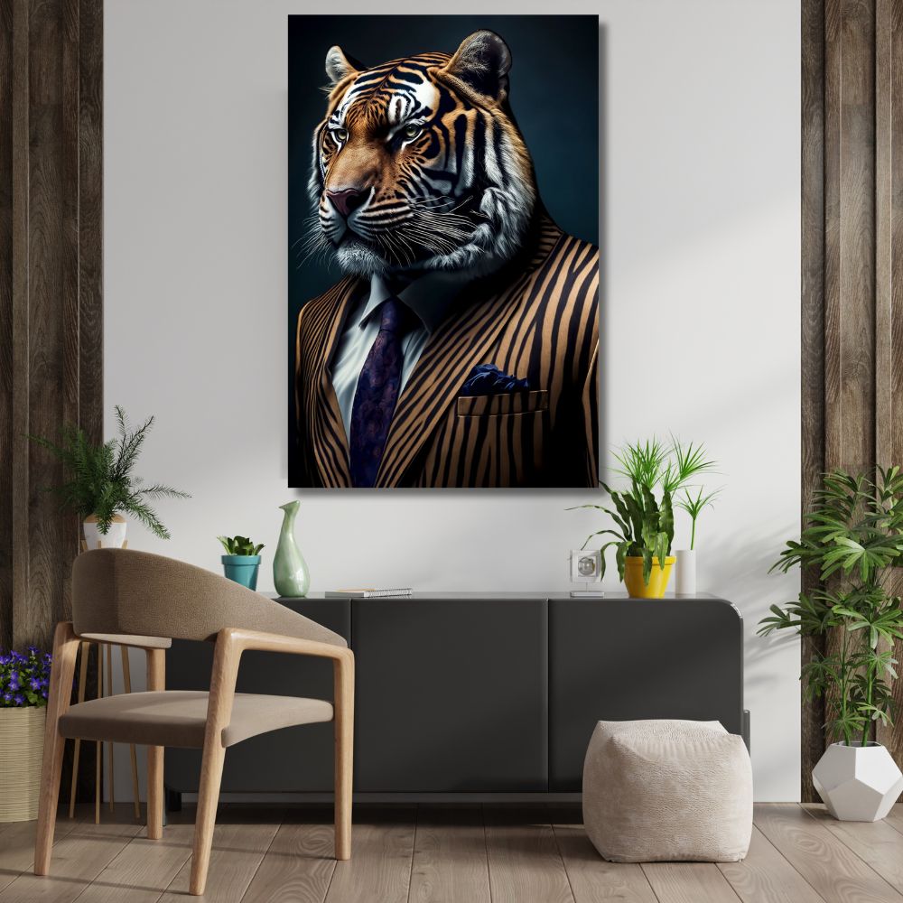 Touteladeco / Toile / Tableau / tableau tigre / toile animal costume / déco puissante / art moderne / toile bureau luxe / tableau urbain / déco animale chic
