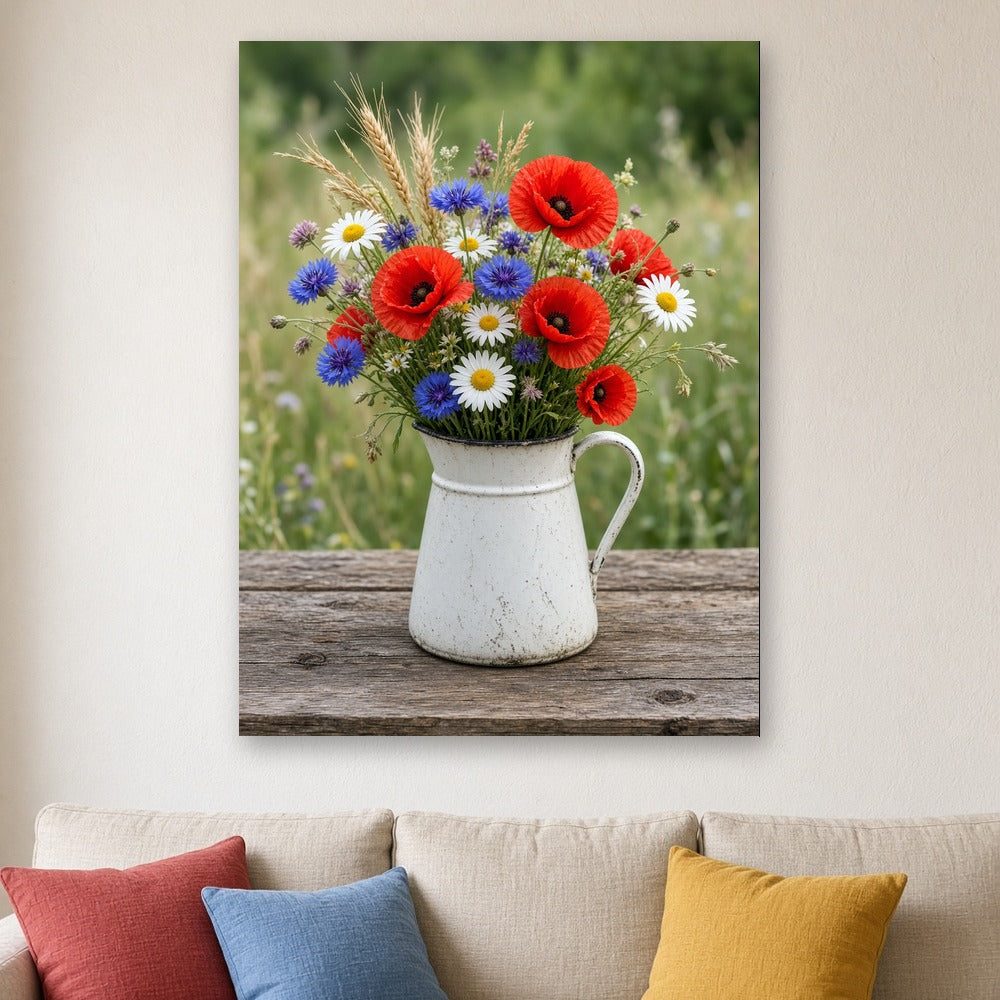 Toile Bouquet Champêtre Coquelicots et Bleuets accrochée dans un salon campagne au mur blanc, au-dessus d'un canapé en lin beige avec coussins rouge, bleu et moutarde
