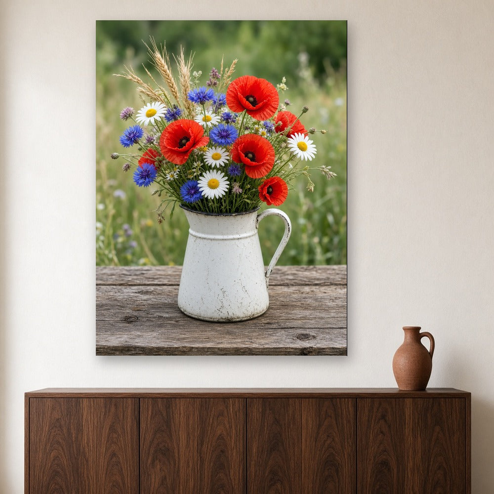 Toile Bouquet Champêtre Coquelicots et Bleuets accrochée dans une salle à manger crème, au-dessus d'un buffet en noyer avec pichet en terre cuite