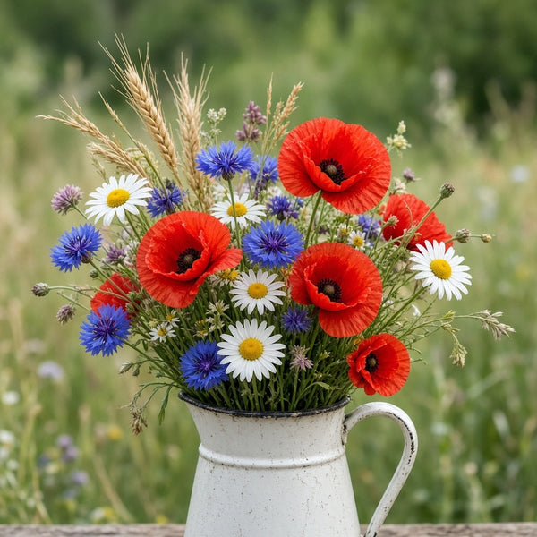 Toile Bouquet Champêtre Coquelicots et Bleuets seule : bouquet champêtre de coquelicots rouges, bleuets, marguerites et épis de blé dans un pichet émaillé blanc sur une table en bois