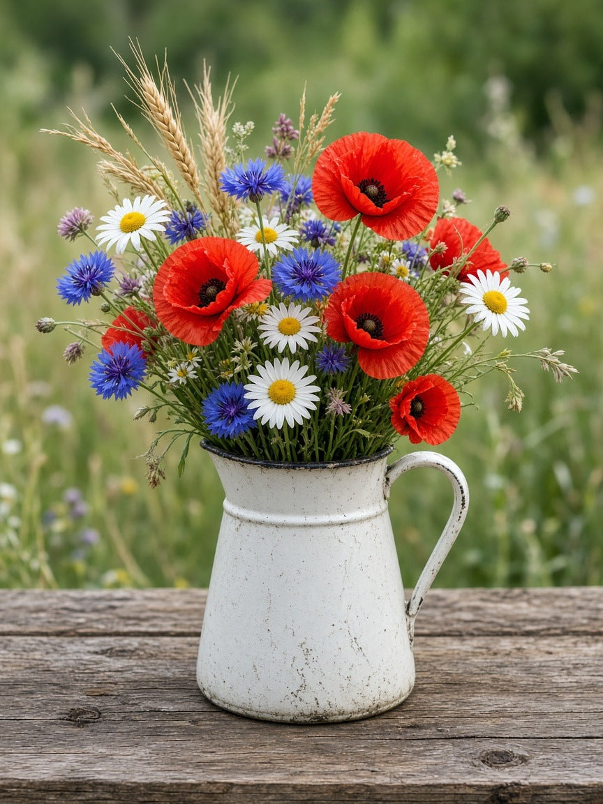 Toile Bouquet Champêtre Coquelicots et Bleuets seule : bouquet champêtre de coquelicots rouges, bleuets, marguerites et épis de blé dans un pichet émaillé blanc sur une table en bois