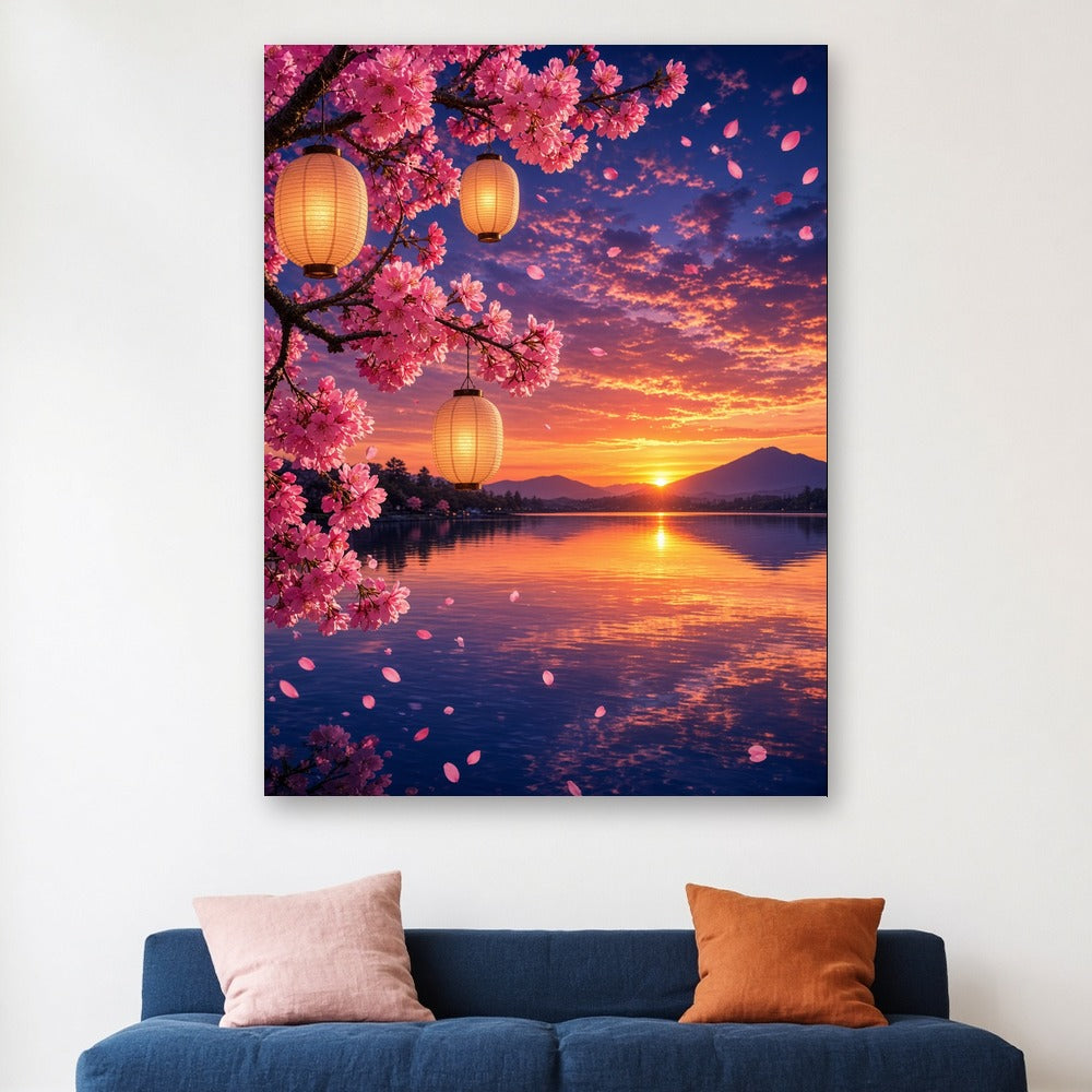 Toile Cerisier Japonais en Fleurs au Crépuscule accrochée dans un salon blanc, au-dessus d'un canapé en lin bleu indigo avec coussins rose et orange brûlé