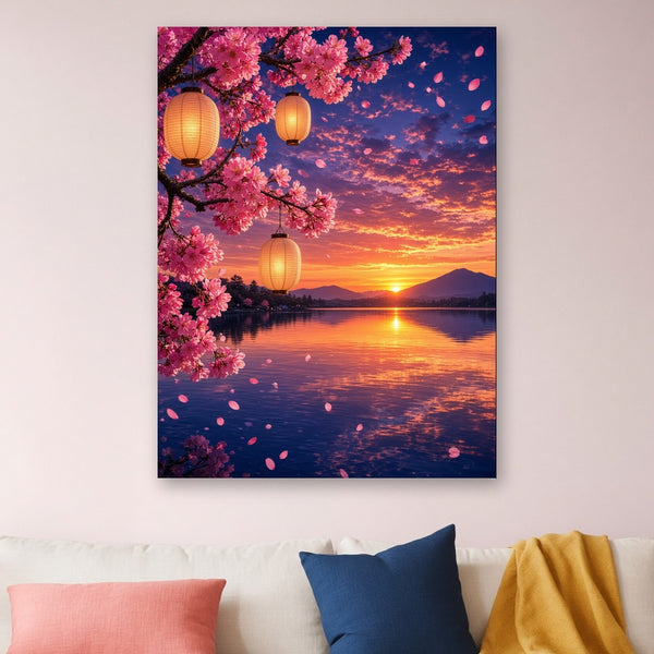 Toile Cerisier Japonais en Fleurs au Crépuscule accrochée dans un salon au mur rose pâle, au-dessus d'un canapé crème avec coussins corail et bleu marine et plaid jaune