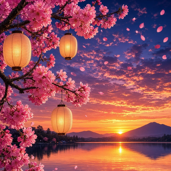 Toile Cerisier Japonais en Fleurs au Crépuscule seule : branche de cerisier japonais en fleurs roses avec lanternes en papier, pétales qui volent au-dessus d'un lac au coucher de soleil