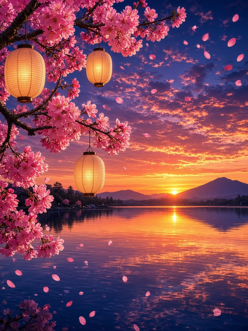 Toile Cerisier Japonais en Fleurs au Crépuscule seule : branche de cerisier japonais en fleurs roses avec lanternes en papier, pétales qui volent au-dessus d'un lac au coucher de soleil