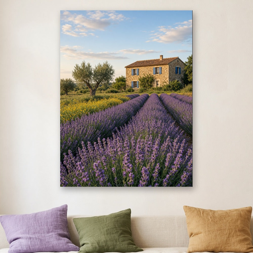 Toile Champs de Lavande en Provence accrochée dans un salon provençal au mur blanc, au-dessus d'un canapé en lin ivoire avec coussins lavande, vert olive et ocre