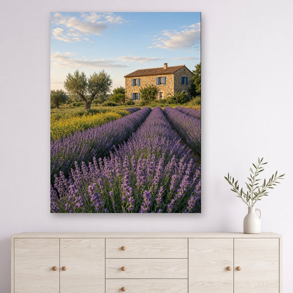 Toile Champs de Lavande en Provence accrochée dans un salon au mur lilas pâle, au-dessus d'un buffet en chêne blanchi avec branche d'olivier