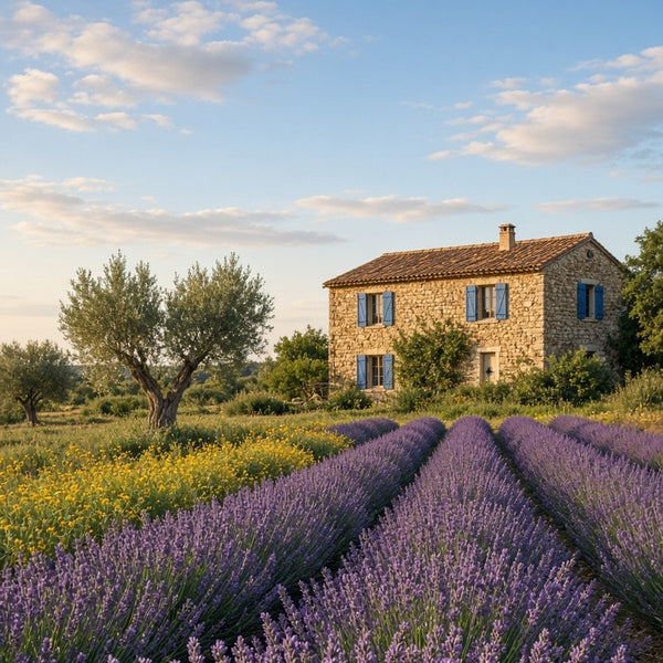 Toile Champs de Lavande en Provence seule : champs de lavande en fleurs menant à un mas en pierre aux volets bleus avec oliviers sous un ciel bleu doux