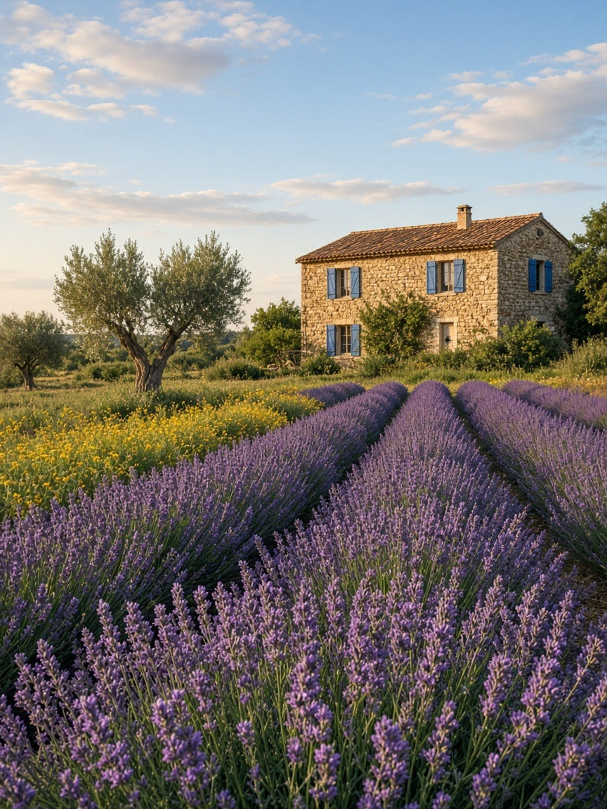 Toile Champs de Lavande en Provence seule : champs de lavande en fleurs menant à un mas en pierre aux volets bleus avec oliviers sous un ciel bleu doux