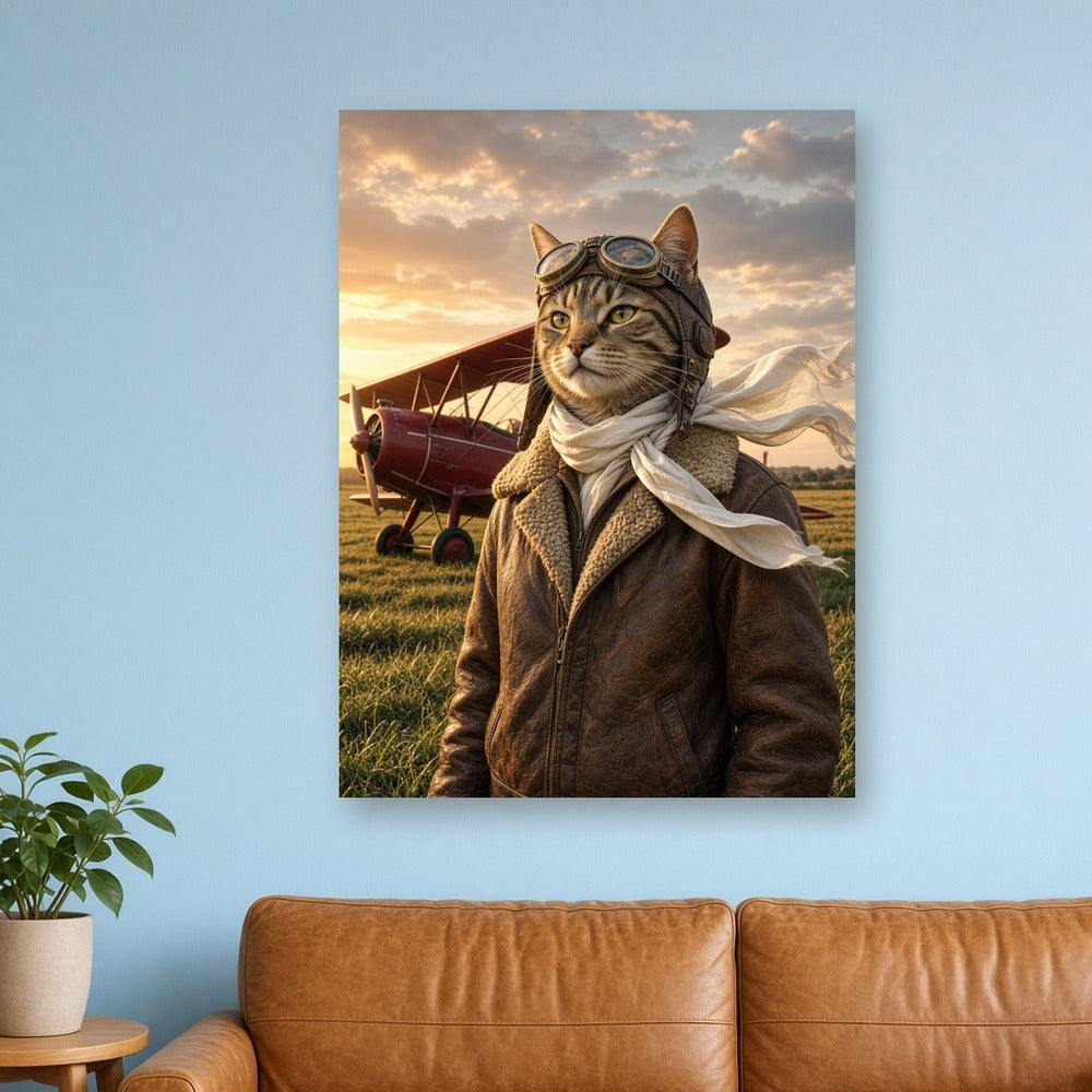 Toile Chat Pilote Vintage accrochée dans un salon au mur bleu ciel, au-dessus d'un canapé en cuir camel