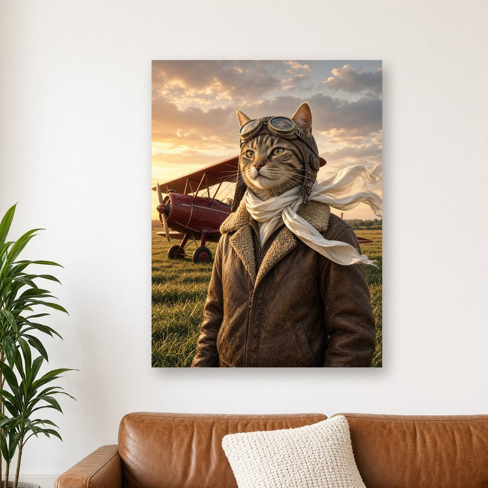 Toile Chat Pilote Vintage accrochée dans un salon blanc lumineux, au-dessus d'un canapé en cuir caramel avec une plante