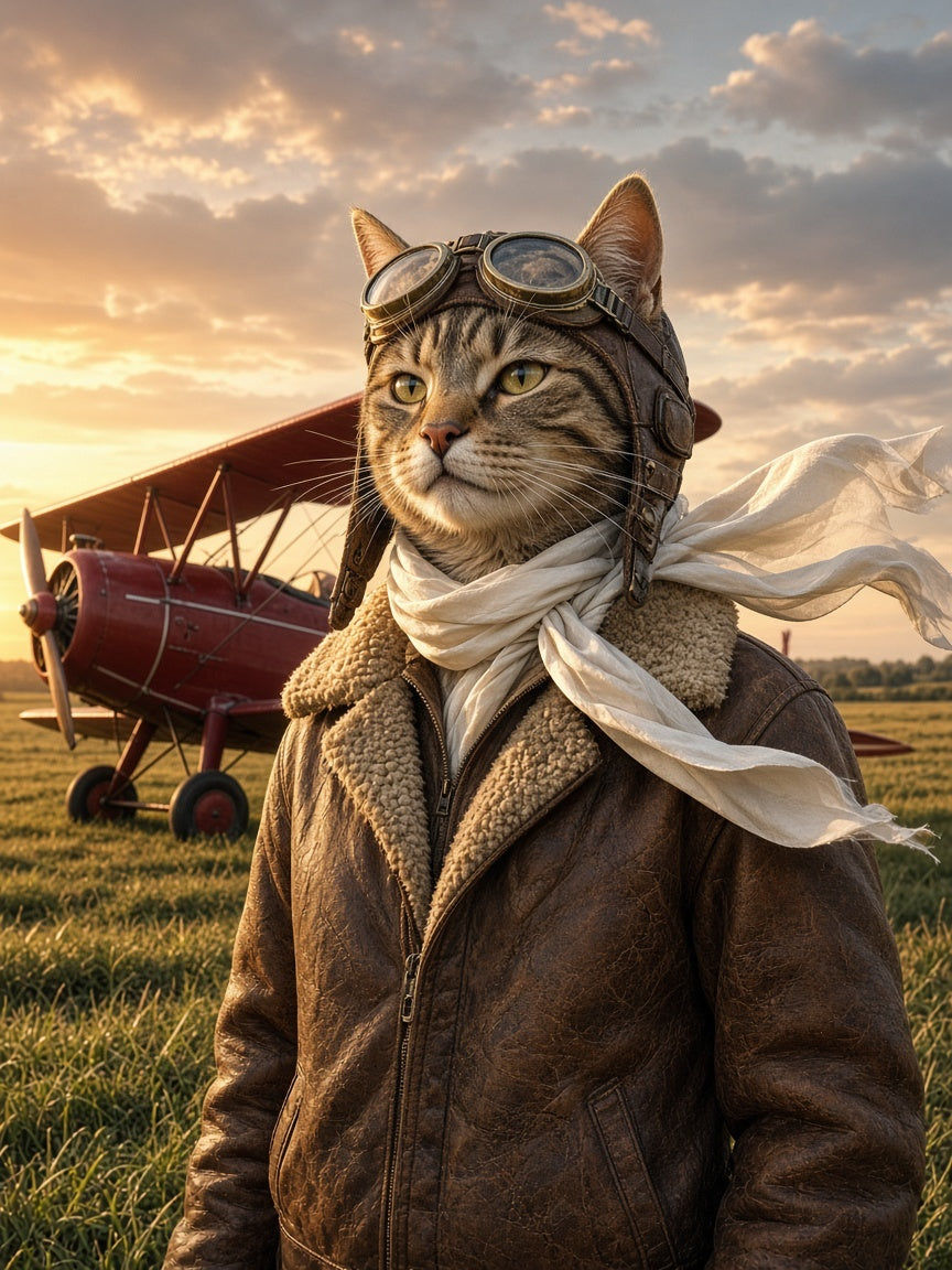 Toile Chat Pilote Vintage seule : chat tigré réaliste en blouson d'aviateur et lunettes, biplan rouge sur une piste au coucher du soleil