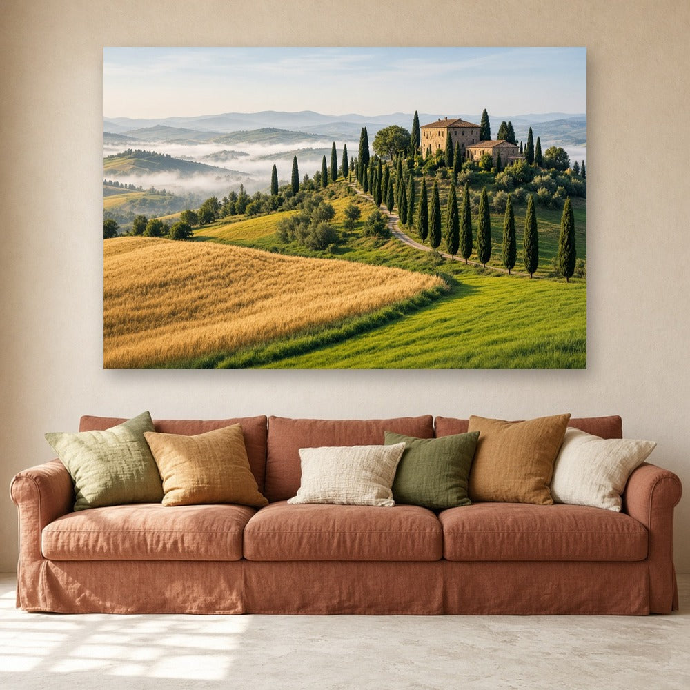 Toile Collines de Toscane accrochée dans un salon méditerranéen au mur ivoire, au-dessus d'un canapé terracotta avec coussins vert olive, ocre et crème