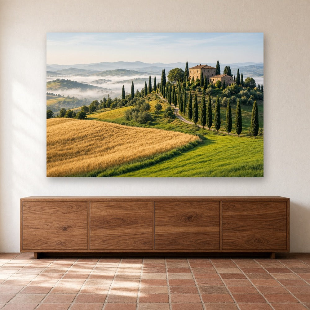 Toile Collines de Toscane accrochée dans une salle à manger rustique, au-dessus d'un buffet en noyer sur sol en tomettes