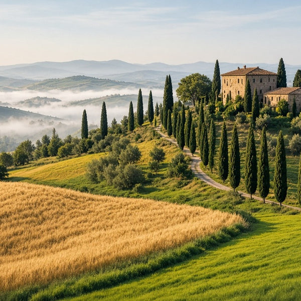 Toile Collines de Toscane seule : collines de Toscane avec allée de cyprès, ferme en pierre, champs de blé dorés et brume matinale dans les vallées