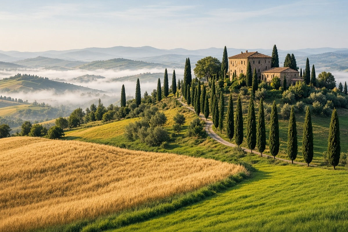 Toile Collines de Toscane seule : collines de Toscane avec allée de cyprès, ferme en pierre, champs de blé dorés et brume matinale dans les vallées