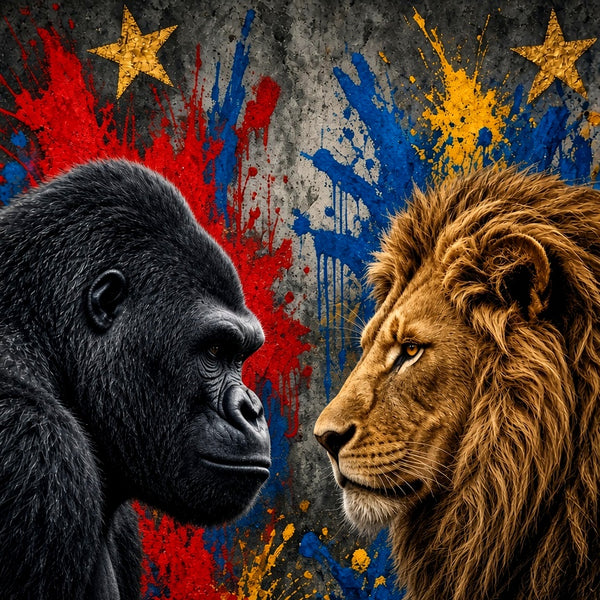 Toile Duel Gorille vs Lion seule : gorille noir et lion au pelage doré, réalistes, de profil nez à nez, regards qui se défient devant un mur de graffitis rouge, bleu, jaune et étoiles dorées