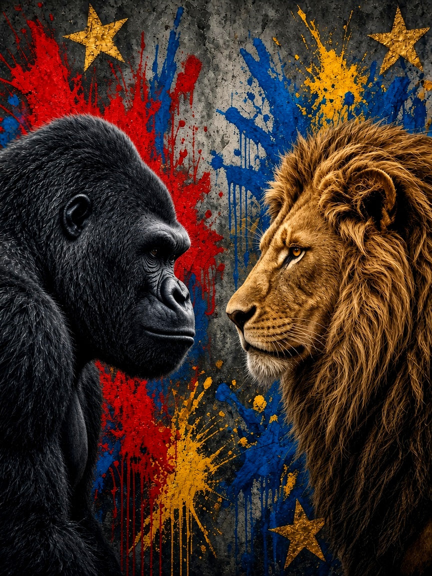 Toile Duel Gorille vs Lion seule : gorille noir et lion au pelage doré, réalistes, de profil nez à nez, regards qui se défient devant un mur de graffitis rouge, bleu, jaune et étoiles dorées