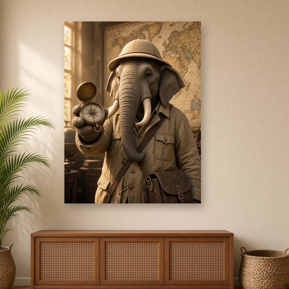 Toile Elephant Explorateur Costume accrochée dans un salon au mur sable, au-dessus d'un buffet en bois et cannage avec un palmier