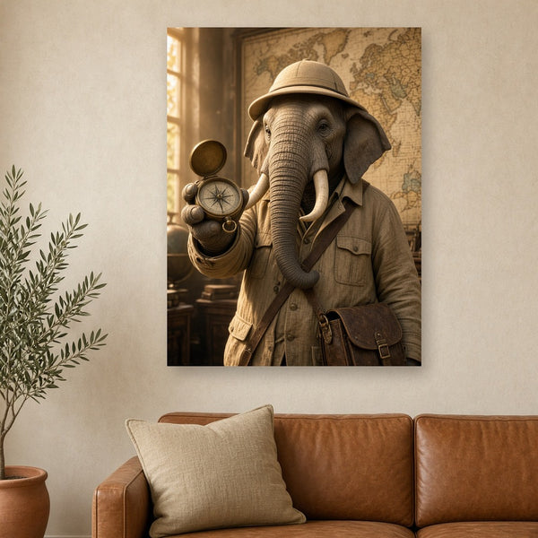Toile Elephant Explorateur Costume accrochée dans un salon beige lumineux, au-dessus d'un canapé en cuir cognac avec un olivier