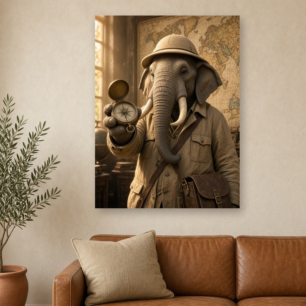 Toile Elephant Explorateur Costume accrochée dans un salon beige lumineux, au-dessus d'un canapé en cuir cognac avec un olivier