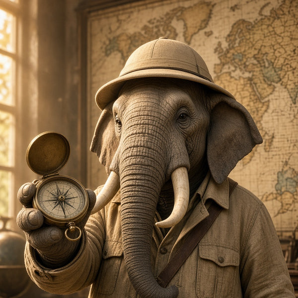 Toile Elephant Explorateur Costume seule : éléphant réaliste en veste safari et casque colonial tendant une boussole devant une carte ancienne