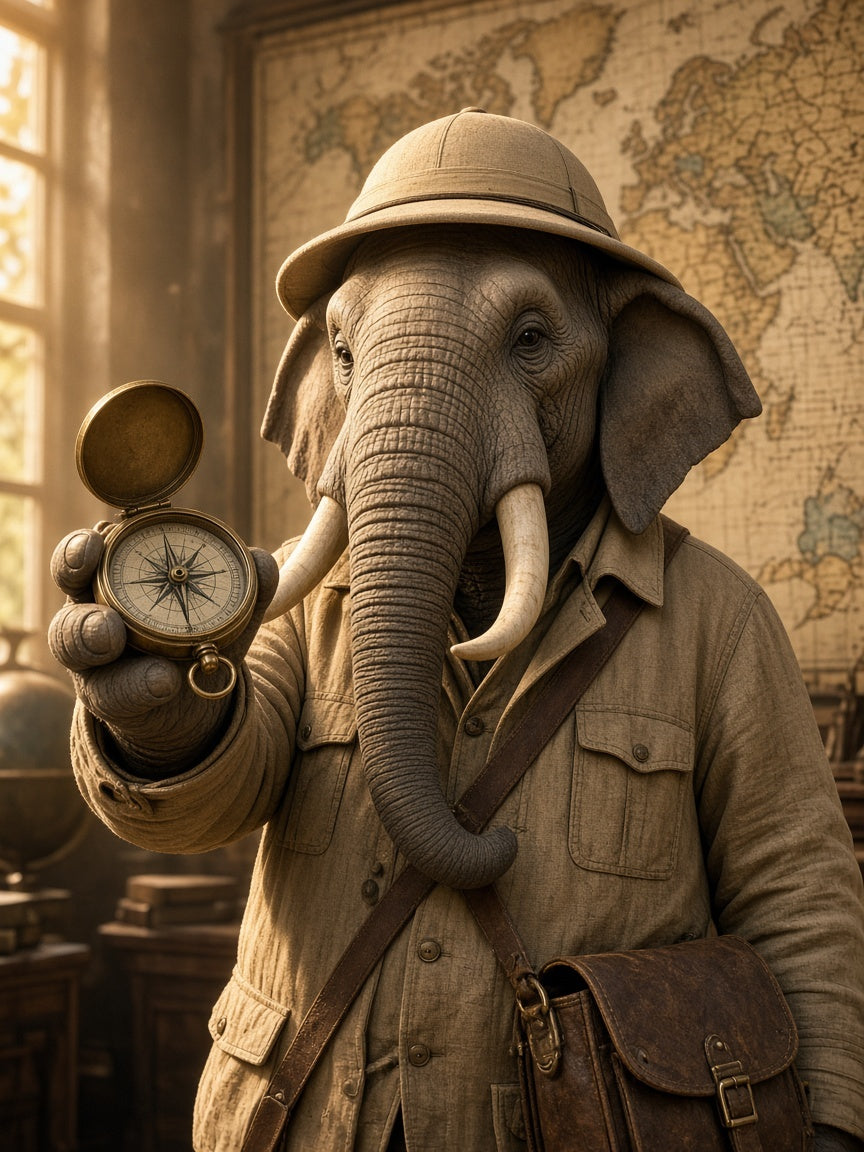 Toile Elephant Explorateur Costume seule : éléphant réaliste en veste safari et casque colonial tendant une boussole devant une carte ancienne