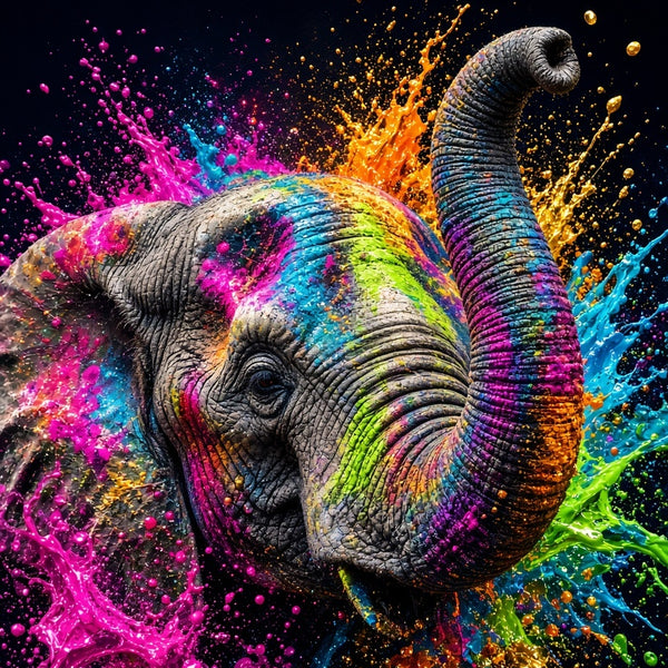 Toile Éléphant Explosion de Peinture seule : éléphant réaliste trompe levée, peau éclaboussée de couleurs, au cœur d'une explosion de peinture magenta, turquoise, orange et verte sur fond noir