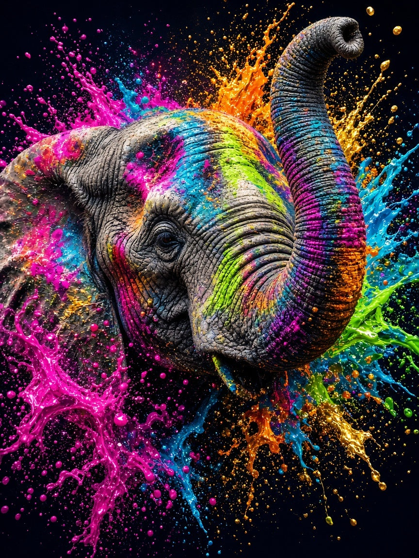 Toile Éléphant Explosion de Peinture seule : éléphant réaliste trompe levée, peau éclaboussée de couleurs, au cœur d'une explosion de peinture magenta, turquoise, orange et verte sur fond noir
