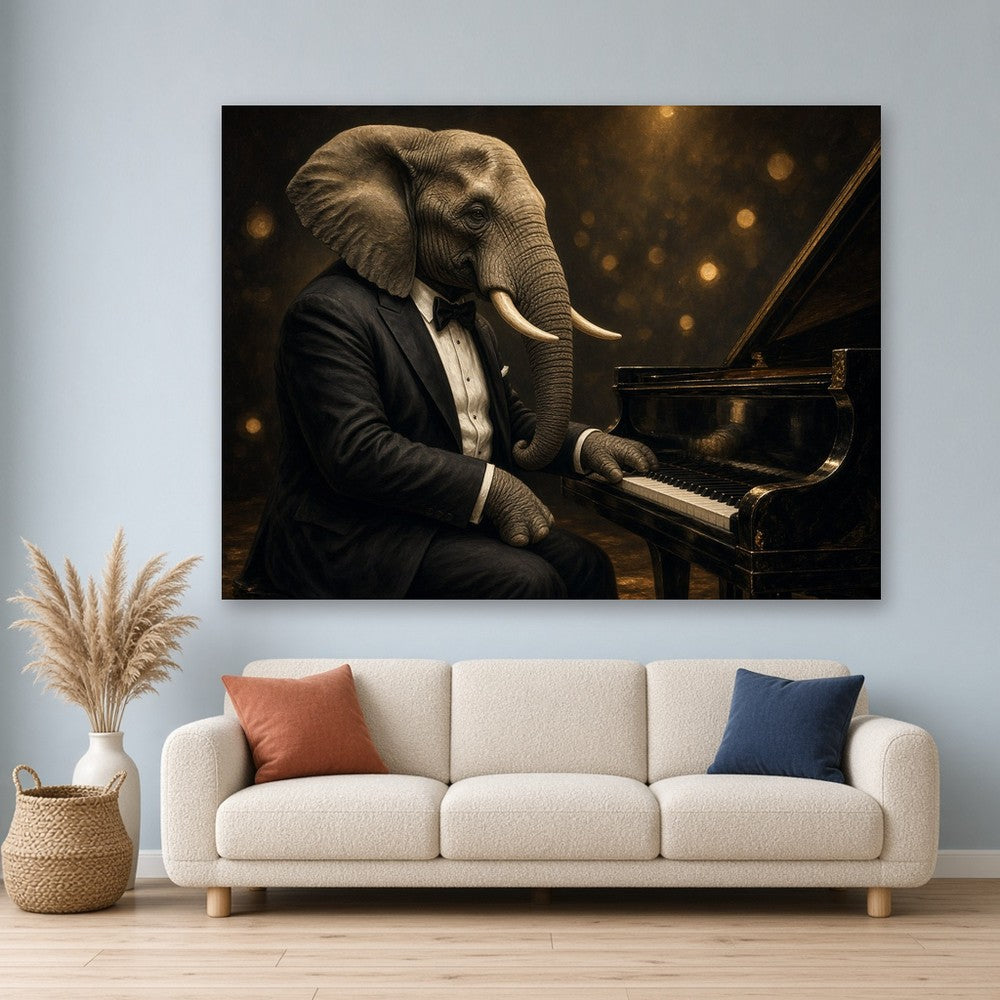 Toile Éléphant Pianiste accrochée dans un salon au mur bleu-gris clair, au-dessus d'un canapé en bouclette crème avec vase de pampa et panier tressé
