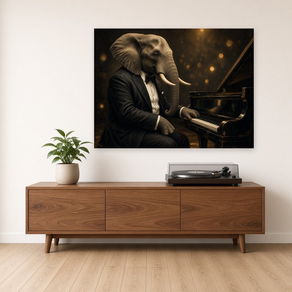 Toile Éléphant Pianiste accrochée dans un salon aux murs blancs, au-dessus d'un buffet en noyer