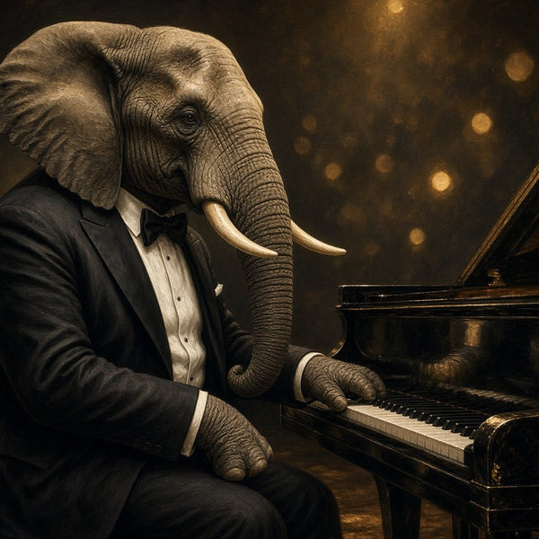 Toile Éléphant Pianiste seule : éléphant réaliste en smoking noir et nœud papillon jouant d'un piano à queue noir laqué sous des lumières dorées