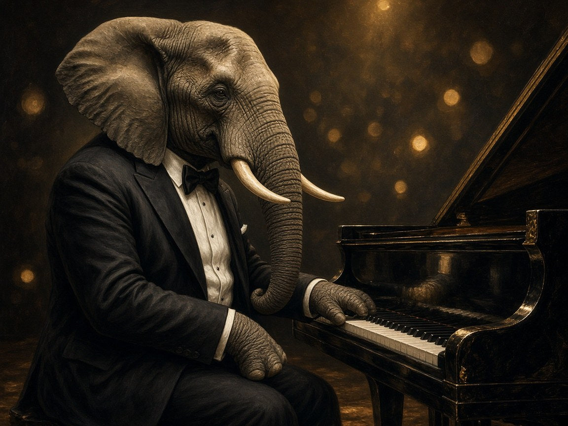 Toile Éléphant Pianiste seule : éléphant réaliste en smoking noir et nœud papillon jouant d'un piano à queue noir laqué sous des lumières dorées