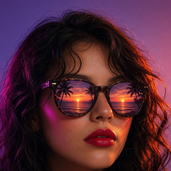 Toile Femme Sunset Néon seule : portrait réaliste d'une femme aux lunettes rétro reflétant un coucher de soleil, lumière néon rose