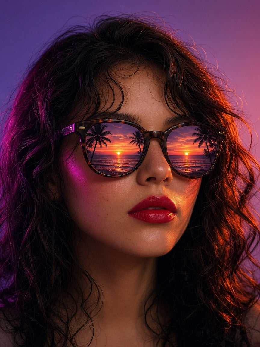 Toile Femme Sunset Néon seule : portrait réaliste d'une femme aux lunettes rétro reflétant un coucher de soleil, lumière néon rose