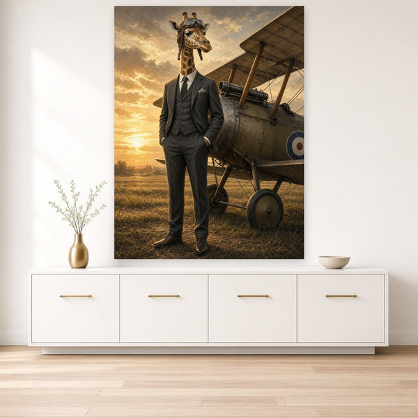 Toile Girafe Aviateur Costume accrochée dans un salon aux murs crème, au-dessus d'un buffet blanc laqué