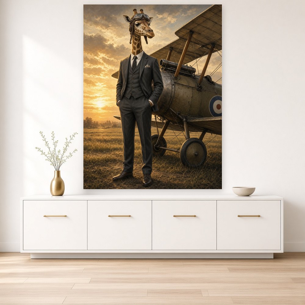 Toile Girafe Aviateur Costume accrochée dans un salon aux murs crème, au-dessus d'un buffet blanc laqué