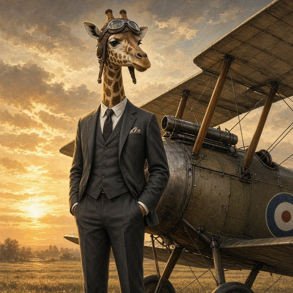 Toile Girafe Aviateur Costume seule : girafe en costume trois pièces devant un biplan ancien au soleil couchant