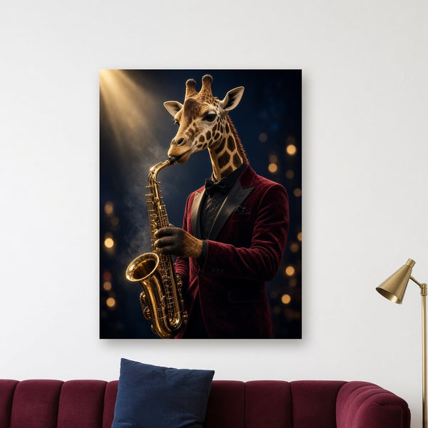 Toile Girafe Saxophoniste accrochée dans un salon blanc lumineux, au-dessus d'un canapé en velours bordeaux et d'une lampe en laiton