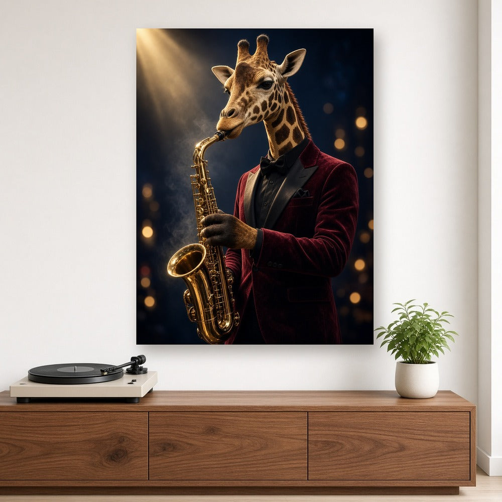 Toile Girafe Saxophoniste accrochée dans un salon blanc, au-dessus d'un meuble en noyer avec platine vinyle