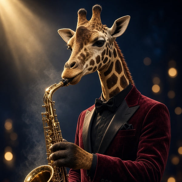 Toile Girafe Saxophoniste seule : girafe réaliste en smoking de velours bordeaux jouant du saxophone doré dans un club de jazz