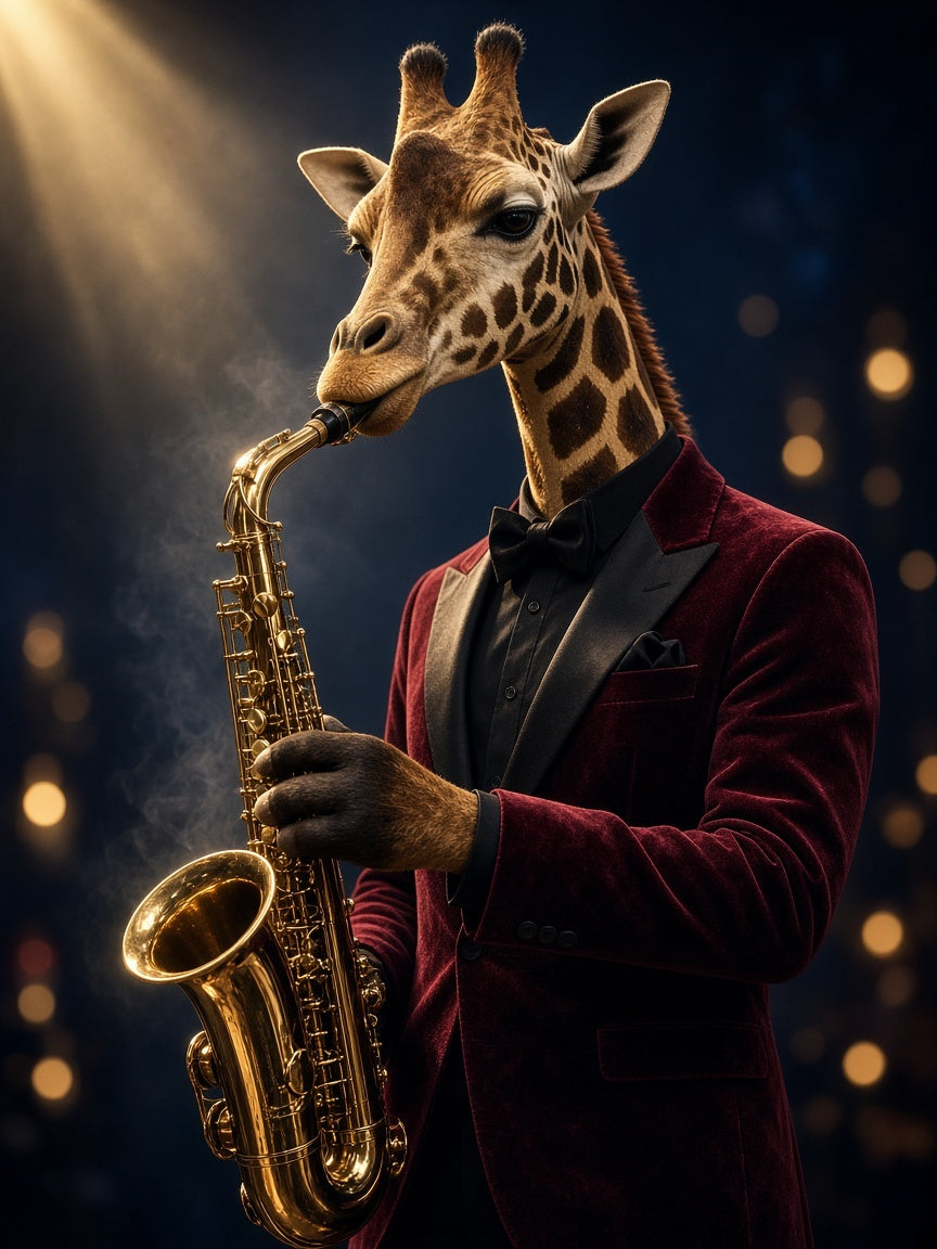 Toile Girafe Saxophoniste seule : girafe réaliste en smoking de velours bordeaux jouant du saxophone doré dans un club de jazz