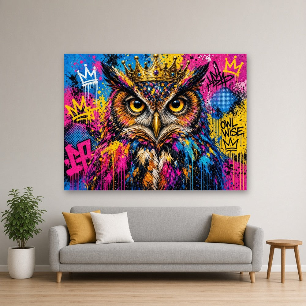 Toile Hibou Couronne accrochée dans un salon au mur greige, au-dessus d'un canapé gris clair avec coussins moutarde, plante verte et petite table ronde en bois