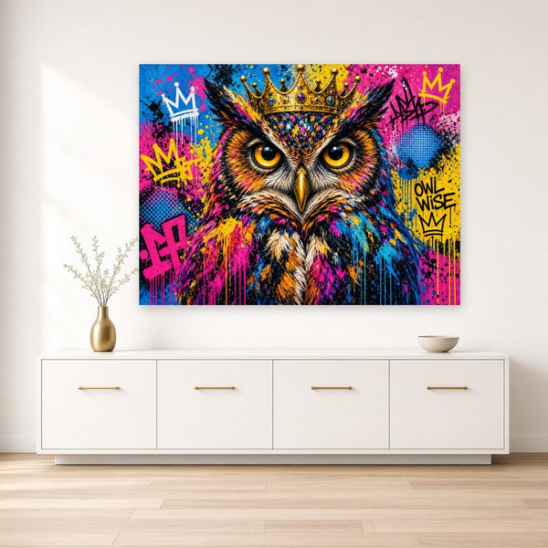 Toile Hibou Couronne accrochée dans un salon aux murs crème, au-dessus d'un buffet blanc laqué