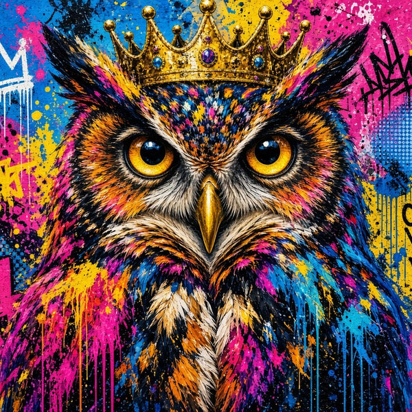 Toile Hibou Couronne seule : hibou réaliste aux yeux ambrés coiffé d'une couronne dorée sur un fond de tags rose, jaune et bleu avec coulures de peinture