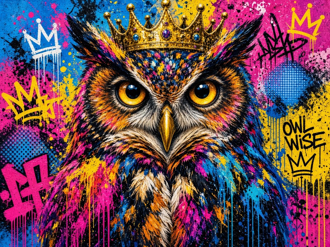 Toile Hibou Couronne seule : hibou réaliste aux yeux ambrés coiffé d'une couronne dorée sur un fond de tags rose, jaune et bleu avec coulures de peinture
